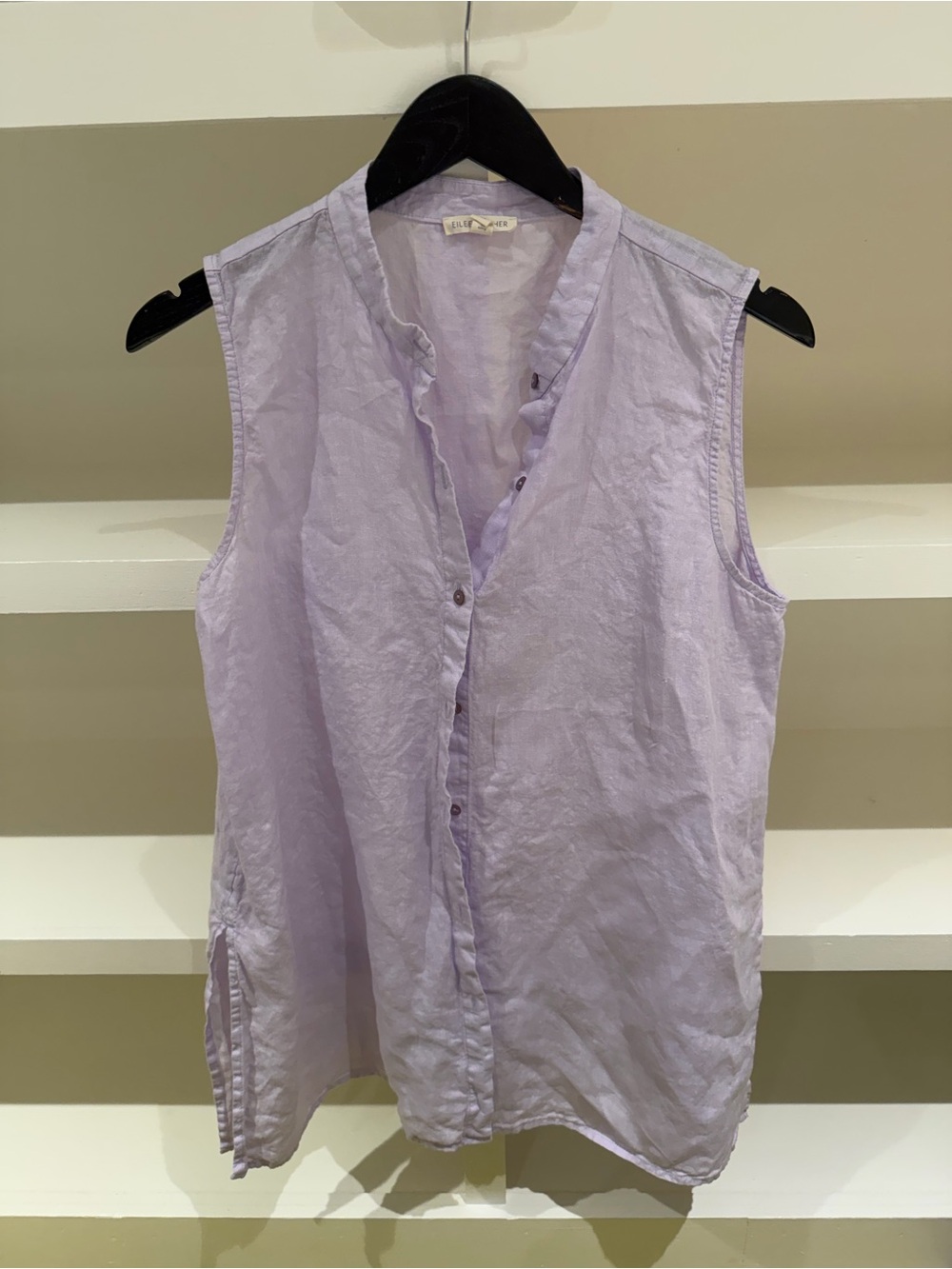 Eileen Fisher Linen Sleeveless Button Down Shirt (Lavender, Size Medium)
